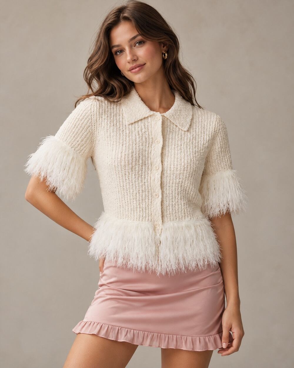 Pilcro Anthropologie Faux Feather Trim Cardigan Ivory XS | Retail $158